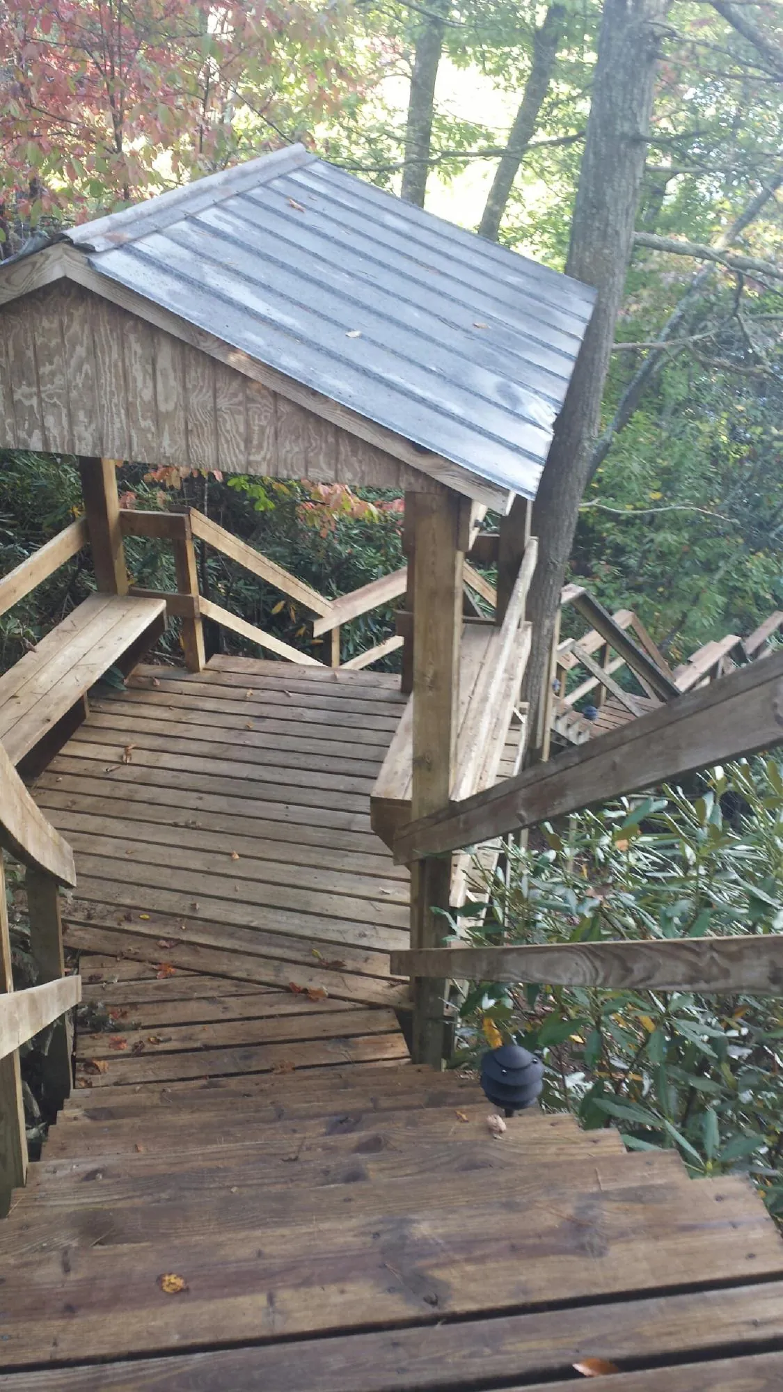 Metal roofed shelter over wooden steps on a wooded walkway — Skylight Repair & Installation work by our crew in Tuscarora